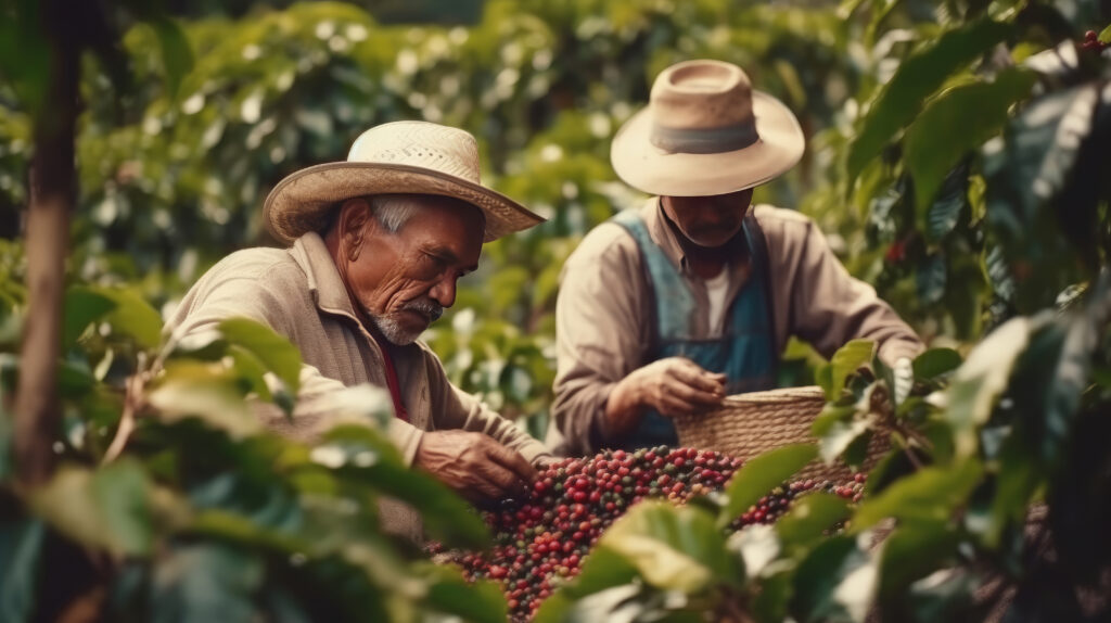 Farmers harvesting coffee beans in coffee plantation for DoubleHelix Tracking