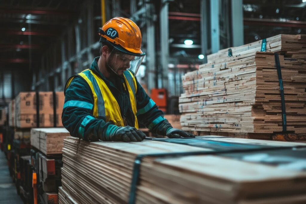 Worker inspecting stacked wood panels for ISCC certification support for sustainable supply chains