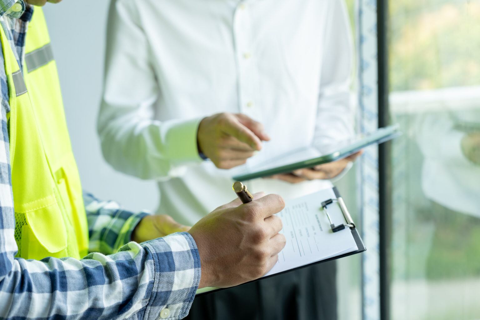 inspector or engineer is inspecting construction and quality assurance new house using a checklist for supply chain risk mitigation for due diligence