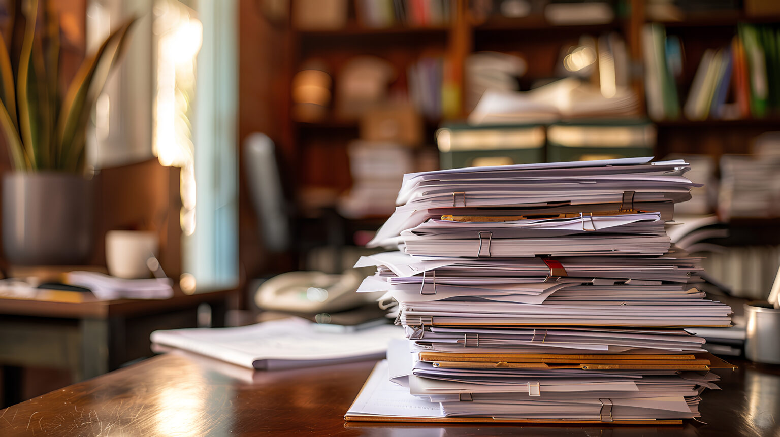 files piled up on the office desk for supply chain information collection for due diligence
