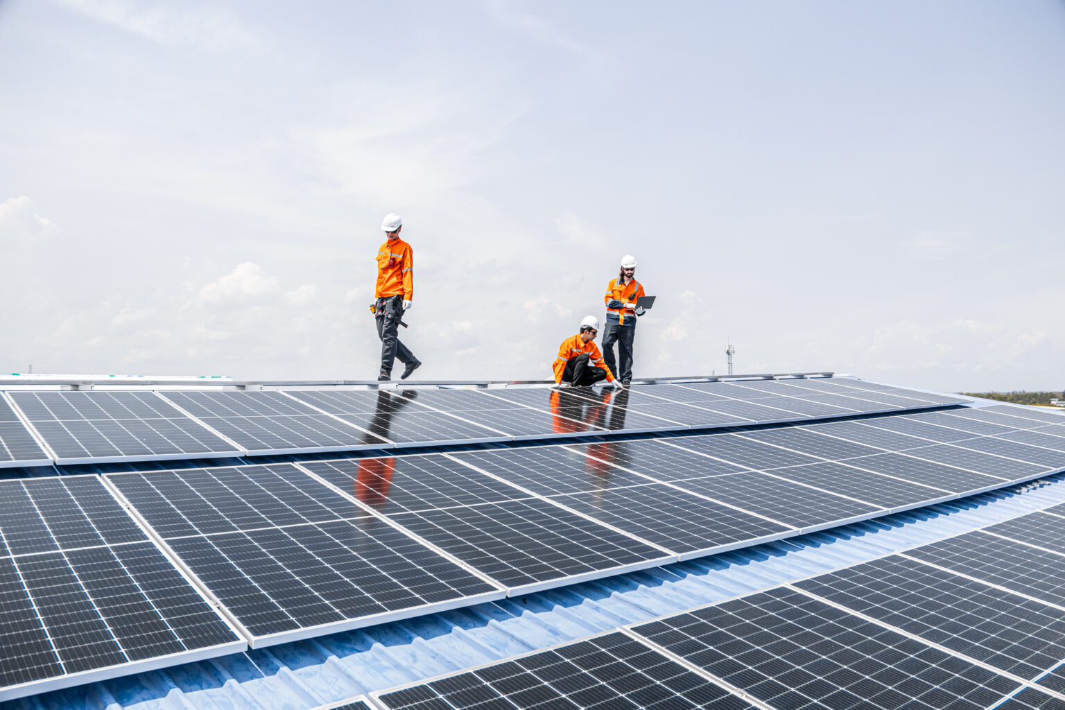 Group of Professional Engineer Service Solar Panel. Worker Team Maintenance Cleaning Replacing Solar Panel. Solar photovoltaic panel system in Industr